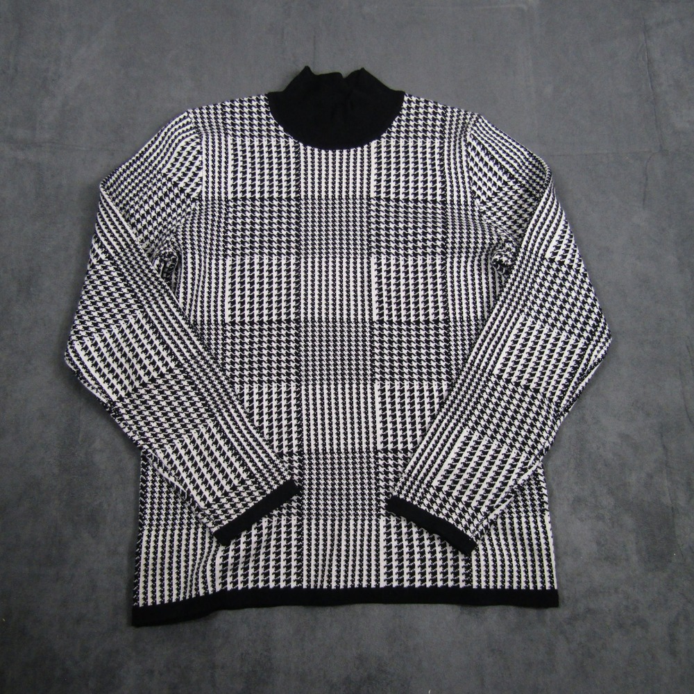 T Tahari Sweater Women M Black White Houndstooth Mock Neck Long Sleeve 00776